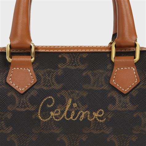 mini boston bag in triomphe canvas with celine cursive tan